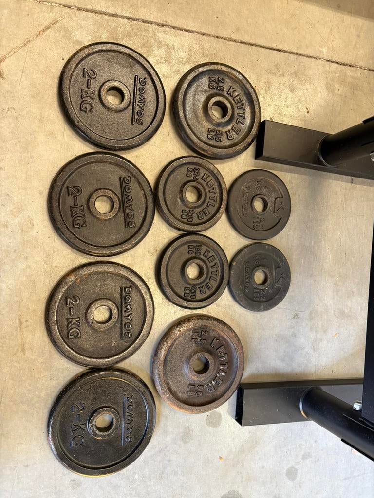 10 halterschijven  + sqaud rek nordic, Sports & Fitness, Équipement de fitness, Enlèvement, Utilisé, Plaques d'haltères
