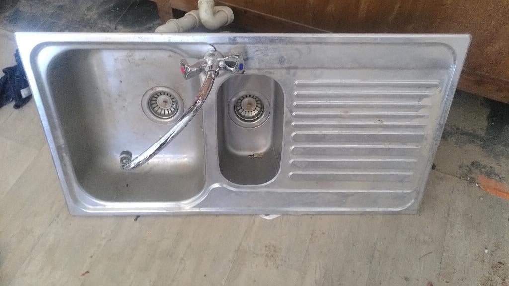 Dubbele spoelbak RVS met mengkraan, Huis en Inrichting, Keuken | Keukenelementen, Ophalen, Gebruikt, 50 tot 100 cm, Minder dan 100 cm