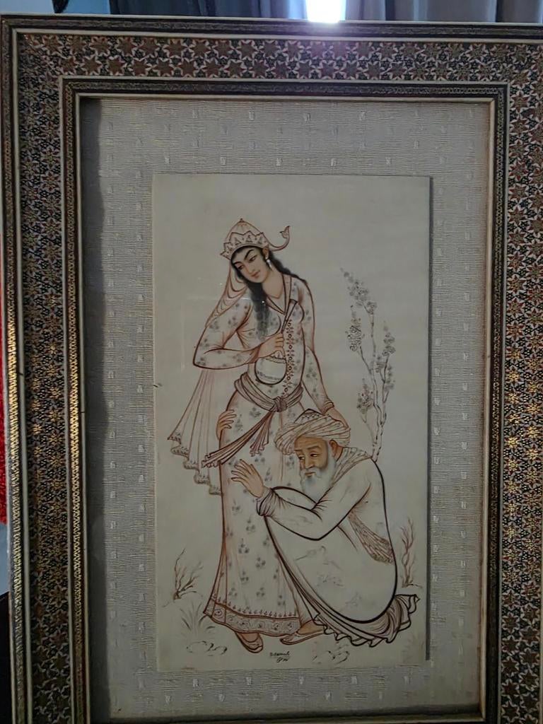 Geschilderd kunstwerk op IVO getekende kader ingewerkt, Antiek en Kunst, Ophalen