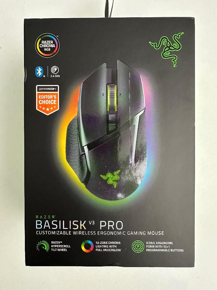 Razer Basilisk V3 Pro 35K zwart/witte gamingmuis, Computers en Software, Muizen, Zo goed als nieuw, Muis, Linkshandig, Draadloos