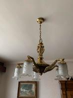 Antieke koperen luster met glazen kapjes, Ophalen, Zo goed als nieuw