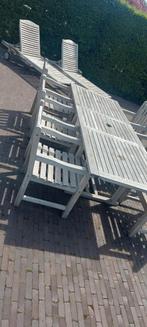 Tuinset teak 6 stoelen met 2 extra ligbanken., Tuin en Terras, Ophalen, Gebruikt, Eettafel, 6 zitplaatsen