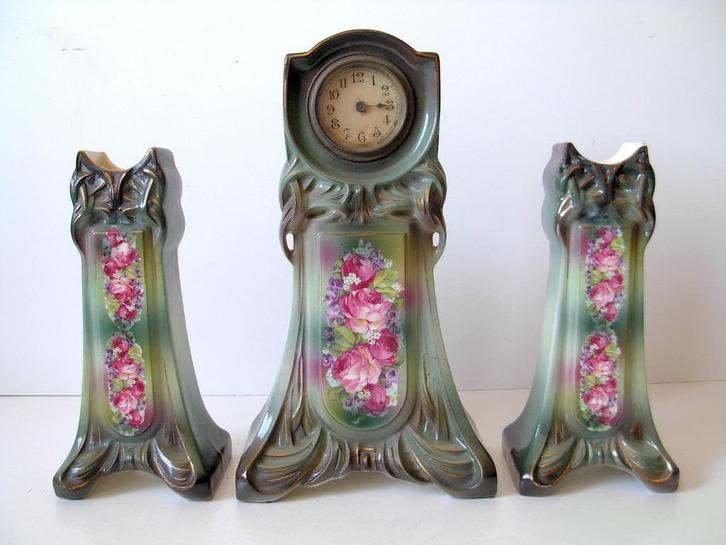 Art Nouveau schouwgarnituur met klok, Antiek en Kunst, Antiek | Klokken, Ophalen of Verzenden