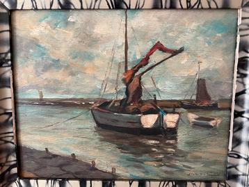 Schilderij Jan De Clerck, bootje op kanaal bij Oostende disponible aux enchères