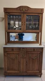Vaisselier ancien en bois: vitrine, miroir et plateau marbre, Enlèvement, Comme neuf, Chêne, Avec porte(s)