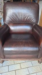 Vintage leren fauteuil – echt leder, donkerbruin, Huis en Inrichting, Ophalen, Hout