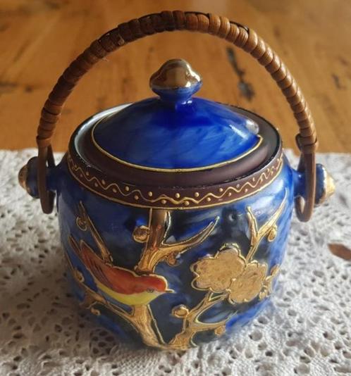 Vintage Japanse suikerpot / jam pot, rieten hengsel, vogel, Antiek en Kunst, Curiosa en Brocante, Ophalen of Verzenden
