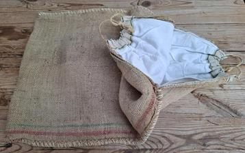 Franse brocante jute stokbrood zak met katoenen binnenzak beschikbaar voor biedingen