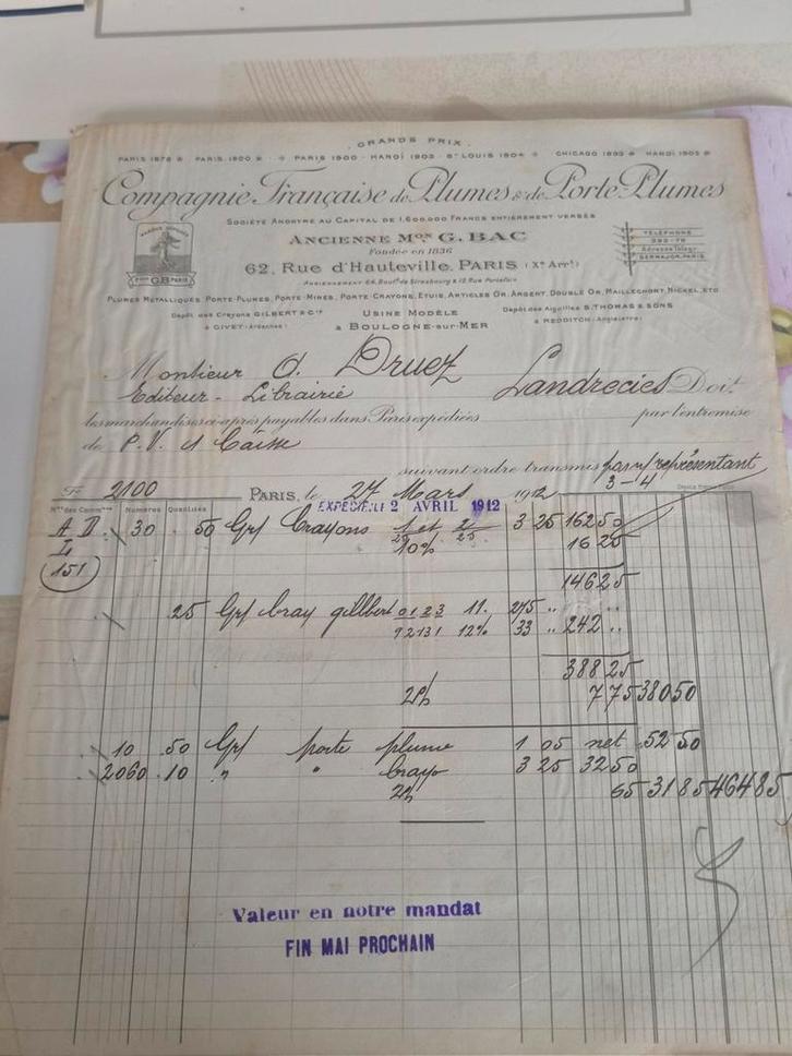 Oude factuur uit 1912 van de „Compagnie Française de Plumes”, Antiek en Kunst, Curiosa en Brocante, Ophalen of Verzenden