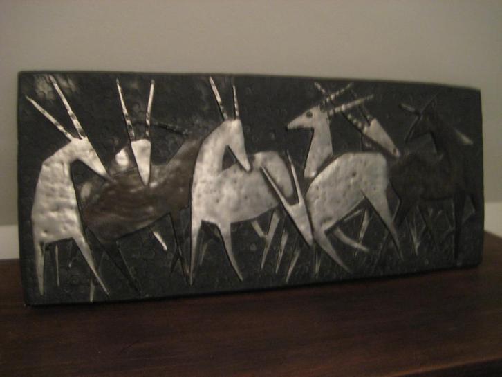 Uniek stenen wandpaneel – Reeën in kudde, Antiek en Kunst, Kunst | Beelden en Houtsnijwerken, Ophalen