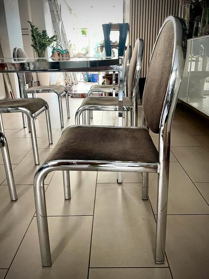 Table à manger verre & chrome + 6 chaises (années 70–80), Huis en Inrichting, Stoelen, Zo goed als nieuw, Vijf, Zes of meer stoelen