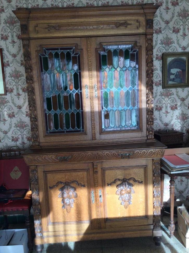 Bibliothèque avec vitraux sertis au plomb, Antiquités & Art, Antiquités | Meubles | Armoires, Enlèvement