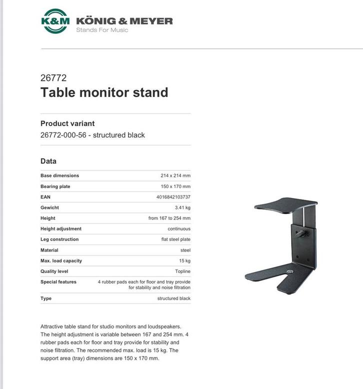 K&M Twee Tafel Speaker stand model 26772, Muziek en Instrumenten, Standaarden, Zo goed als nieuw, Ophalen