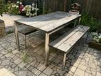 Tuintafel + banken met rvs onderstel en massief houten blad., Tuin en Terras, Ophalen, Zo goed als nieuw, Vierkant, Rvs
