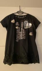 Zwarte T-shirt met tekst, kant en parels, Noir, Taille 38/40 (M), Sans manches, Porté