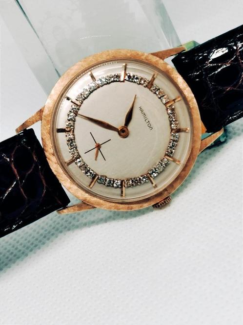 Hamilton gouden polshorloge met diamanten 0,80kt, Handtassen en Accessoires, Antieke sieraden, Overige typen, Goud, Met edelsteen
