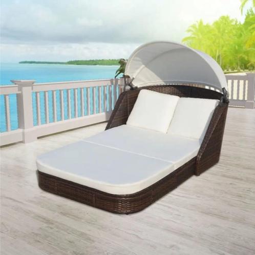 Chaise longue avec auvent en rotin synthétique, Tuin en Terras, Ligbedden, Gebruikt, Kunststof, Ophalen