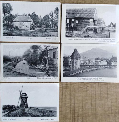 5 oude fotoprenten van molens en gebouwen aan water (Van Mel, Collections, Photos & Gravures, Utilisé, Gravure, Autres sujets/thèmes