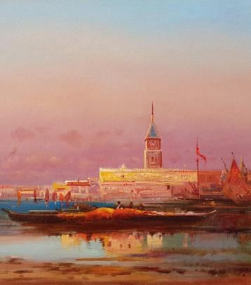 SCHITTEREND 19E-EEUWS SCHILDERIJ - VENETIË, ZONSONDERGANG -  beschikbaar voor biedingen