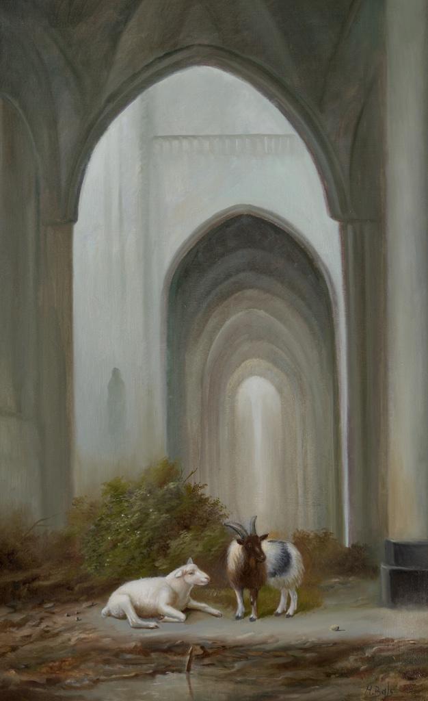 Schilderij Hilaire Bals - Dieren bij de ruïne, Antiek en Kunst, Kunst | Schilderijen | Klassiek, Ophalen of Verzenden