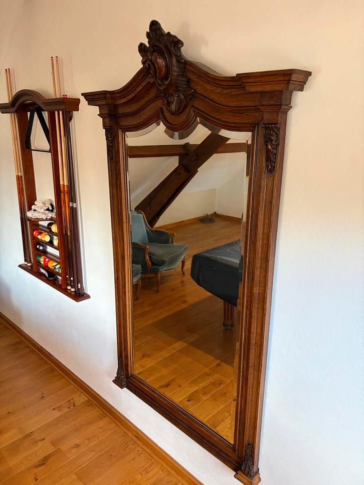 Grote antieke spiegel in gesneden massief eikenhout -, Antiek en Kunst, Antiek | Spiegels, 50 tot 100 cm, 150 tot 200 cm, Rechthoekig