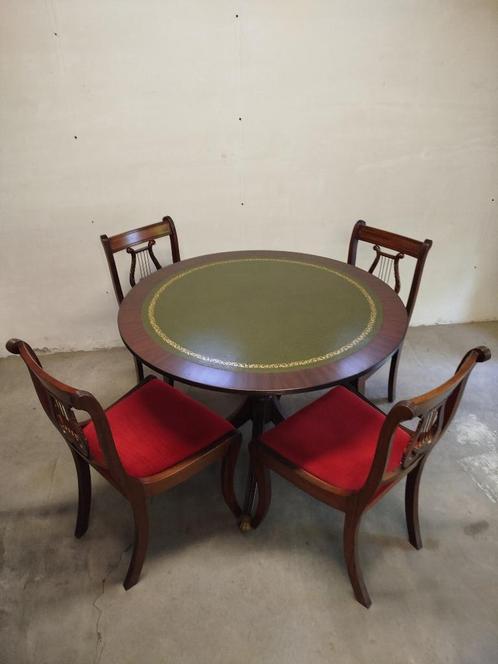 Kaarttafel ingelegd leder op leeuwenpoten+4 stoelen rode zit, Huis en Inrichting, Tafels | Sidetables, Zo goed als nieuw, 75 cm of meer
