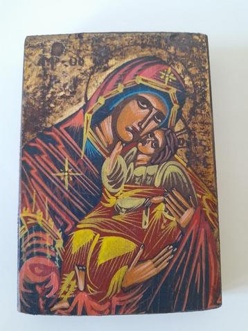 Oud Grieks icoon; Maria met baby Jezus.  Handgeschilderd.  beschikbaar voor biedingen