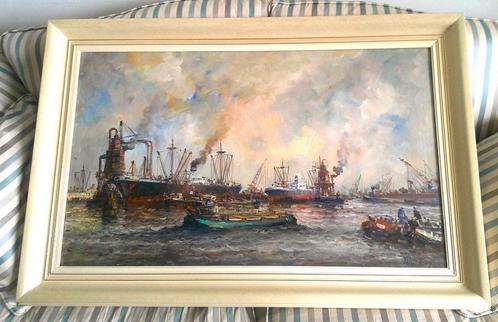 Bedrijvigheid in Rotterdamse haven - Wim Bos (1906-1974), Antiek en Kunst, Kunst | Schilderijen | Klassiek, Ophalen of Verzenden