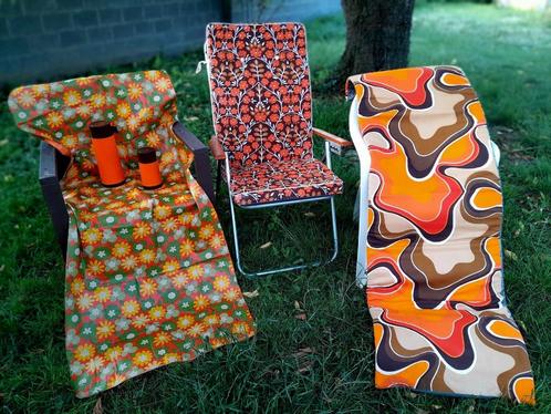 Vintage oranje campingset (fauteuil, matras, kussen, bed), Antiek en Kunst, Curiosa en Brocante, Ophalen