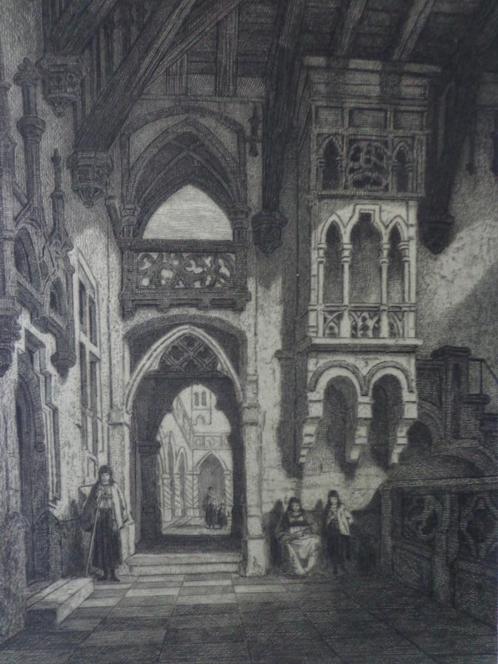 ets Auguste Numans Interieur in Galicië uit 1872, Antiek en Kunst, Kunst | Etsen en Gravures, Ophalen of Verzenden