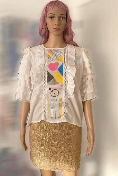 Katoenen romantische bloes met uniek design (maat S/M), Kleding | Dames, Blouses en Tunieken, Zo goed als nieuw, Maat 38/40 (M)