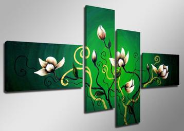 Nieuw * 4 Luik Canvas Schilderij * Groen Bloemen 160x70cm disponible aux enchères