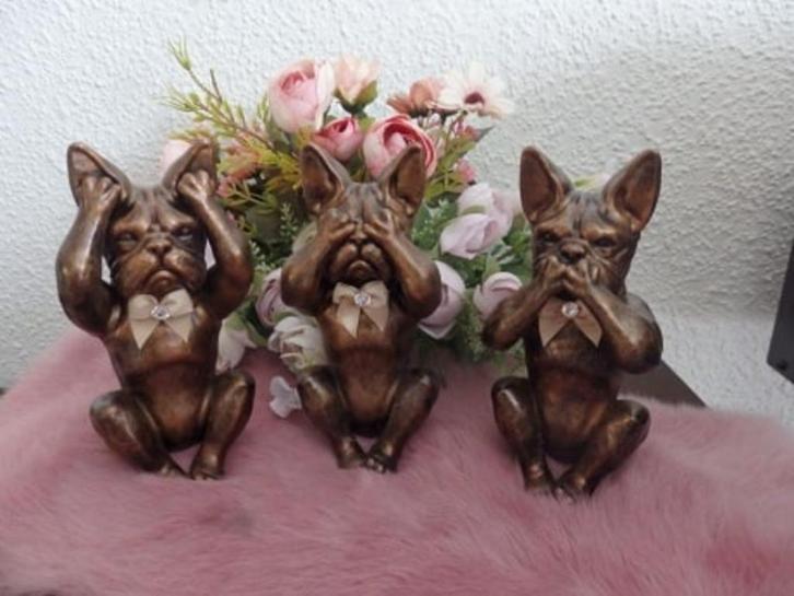 Franse Bulldog beeldjes set van 3 stuks horen, zien, zwijgen, Verzamelen, Beelden en Beeldjes, Nieuw, Dier, Verzenden