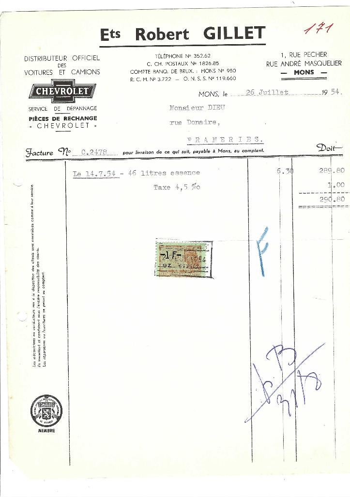 Ancienne facture 1954, Enlèvement ou Envoi, Utilisé