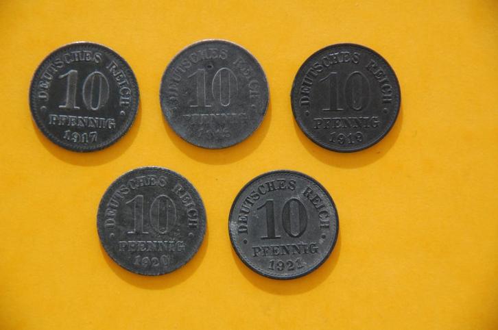 REICH : 10 Pfennig ZINC 1917-1921 ; mooi lot 5 VERSCHILLENDE, Postzegels en Munten, Munten | Europa | Niet-Euromunten, Setje, Duitsland