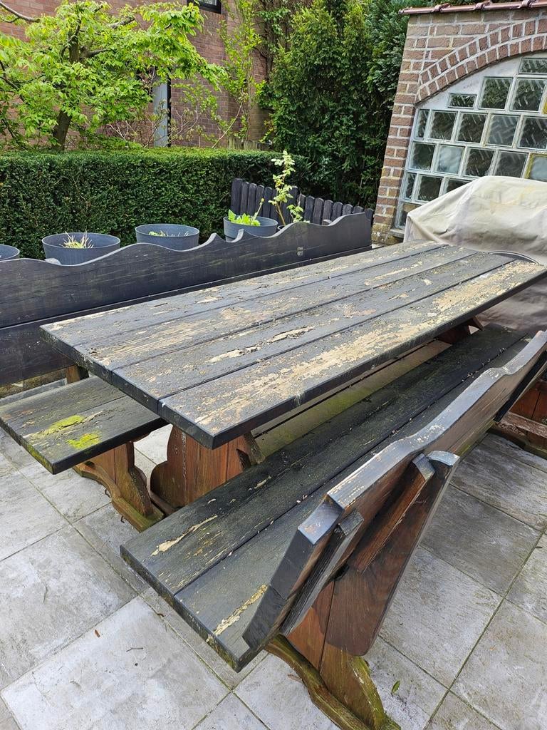 Table de jardin + bancs – à rénover, Jardin & Terrasse, Enlèvement, Utilisé, Bois