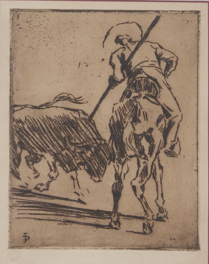 Jean Delvin (1853-1922): Stierenvechter (45 x 54 cm), Antiek en Kunst, Kunst | Etsen en Gravures, Ophalen of Verzenden, Ets