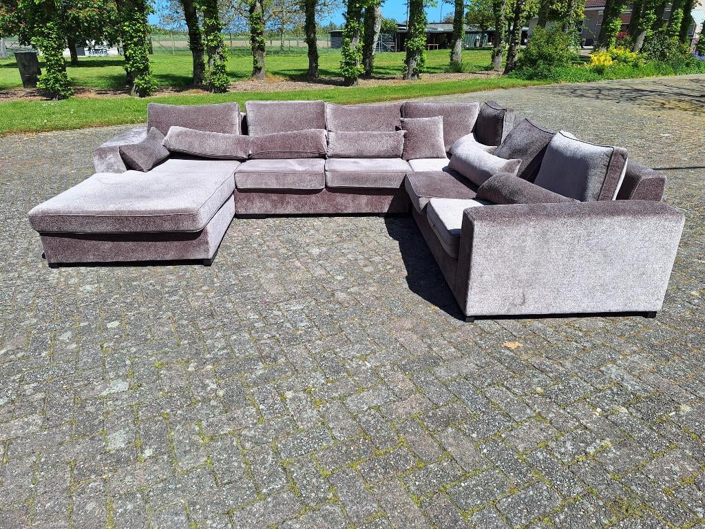 Fluwelen U bank in paars / grijs. Grote hoekbank velours, Huis en Inrichting, Overige materialen, Gebruikt, 125 cm of meer, 125 cm of meer