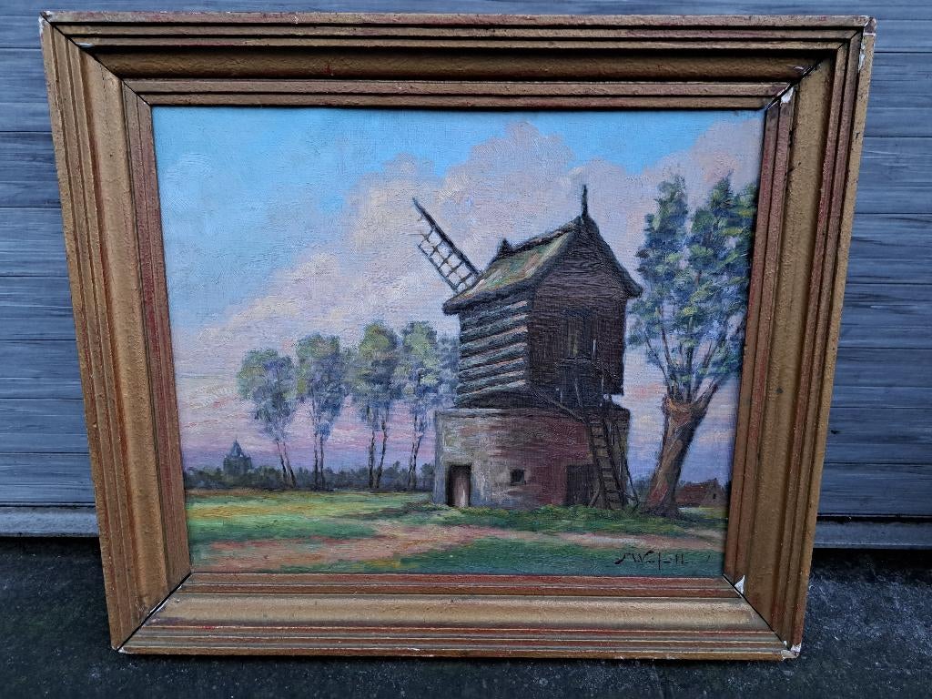 huile sur panneau moulin a vent signe michel verfaille, Enlèvement ou Envoi