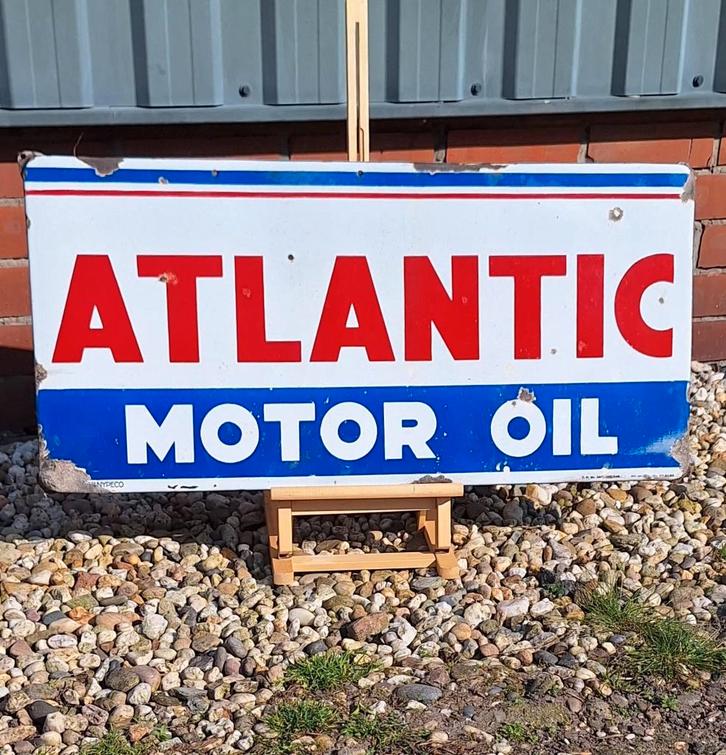 Stoer en antiek emaille bord van ATLANTIC MOTOR OIL️⛽️, Verzamelen, Merken en Reclamevoorwerpen, Gebruikt, Reclamebord, Ophalen of Verzenden