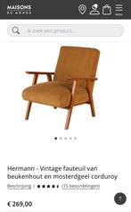 Fauteuil van beukenhout en mosterdgeel corduroy, Ophalen, 75 tot 100 cm, Stof, Vingage