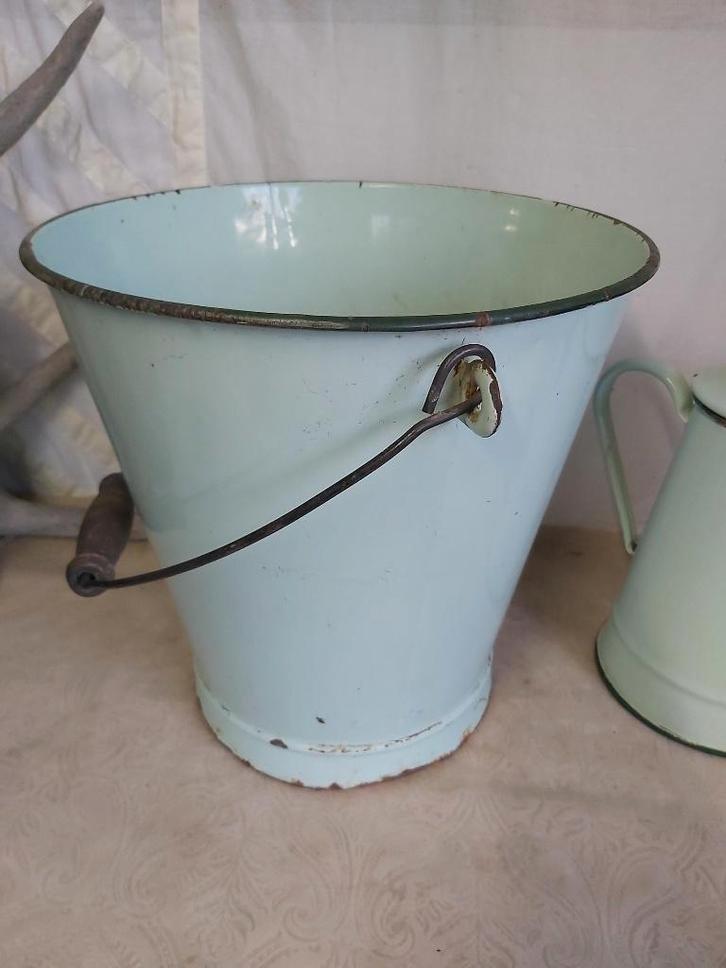 Mooie oude mintgroene emaille (groenten) emmer, Antiquités & Art, Curiosités & Brocante, Enlèvement ou Envoi