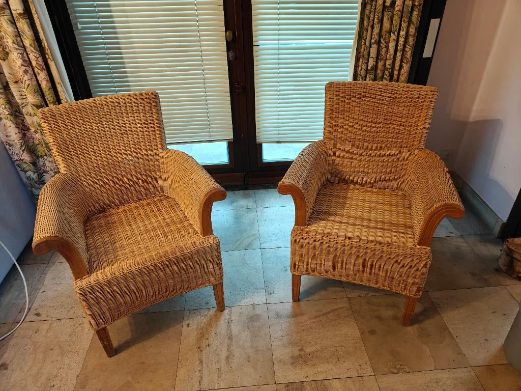 Set van 2 stijlvolle rotan/riet fauteuils, Huis en Inrichting, Fauteuils, Zo goed als nieuw, Riet of Rotan, 50 tot 75 cm, Minder dan 75 cm