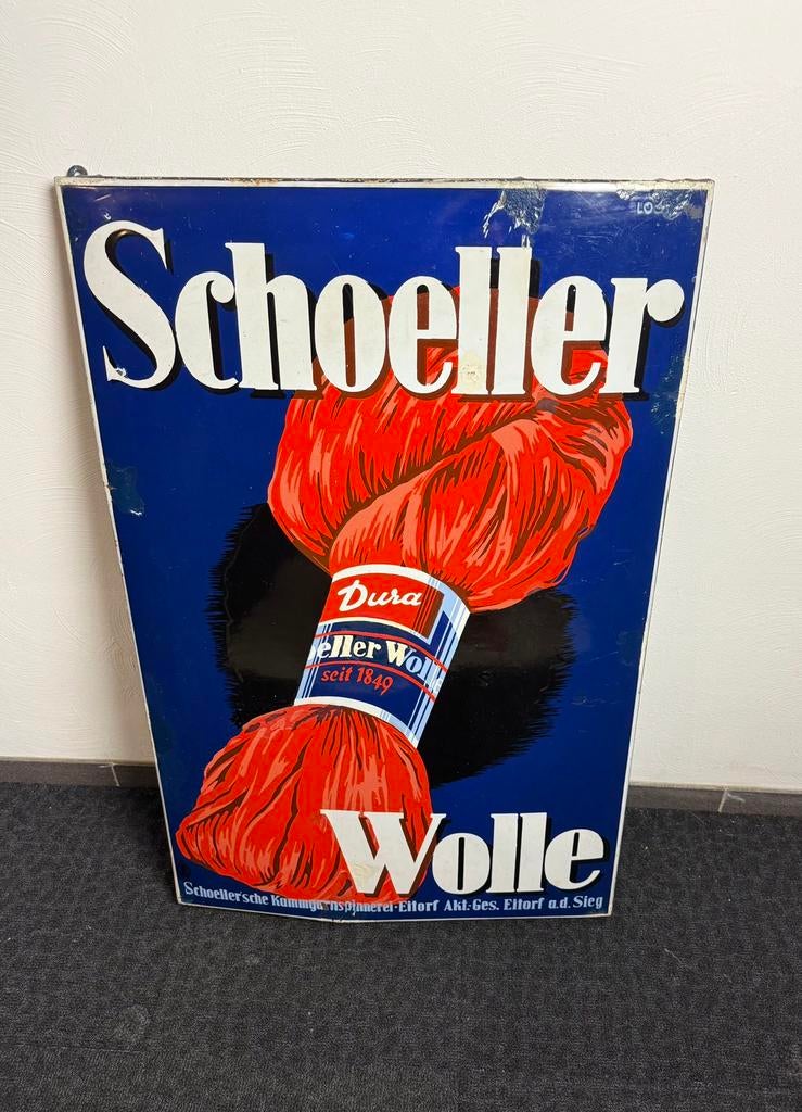 Groot 1950s Emaille Bord SCHOELLER WOLLE, Verzamelen, Merken en Reclamevoorwerpen, Gebruikt, Reclamebord, Ophalen