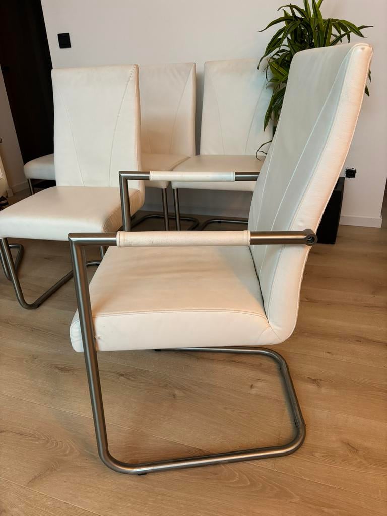 Witte leren stoelen met inox frame, Ophalen, Zo goed als nieuw