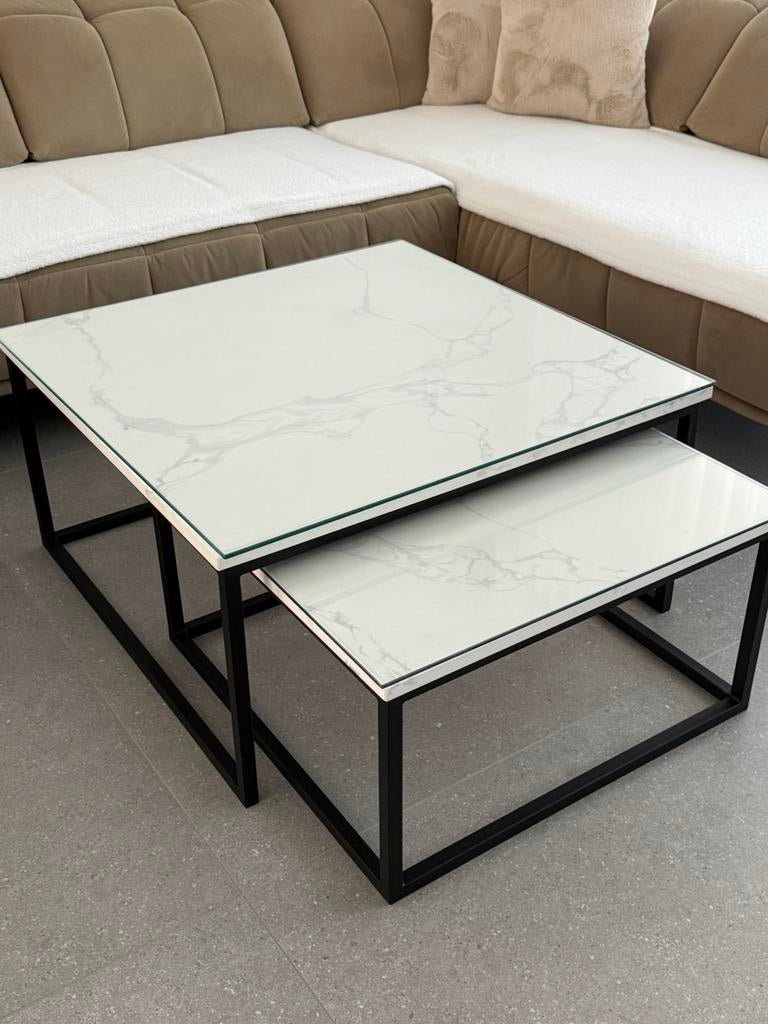 Te koop: Luxe set marmeren salontafels (80x80 & 65x65), Huis en Inrichting, Ophalen of Verzenden, Zo goed als nieuw