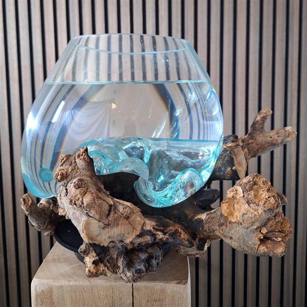 Gegoten vaas op houten stronk - Unieke exemplaren, Enlèvement ou Envoi, Neuf, Verre