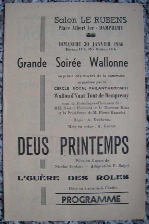 Programme "Le Rubens" Dampremy 1966 Théâtre "Deus Printemps", Verzamelen, Overige Verzamelen, Zo goed als nieuw, Ophalen of Verzenden