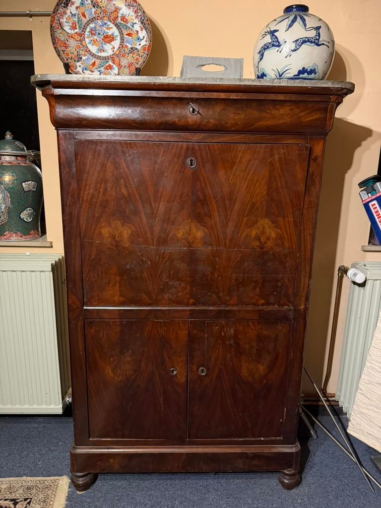 Antiek massief houten secretaressebureau met marmeren blad, Huis en Inrichting, Kasten | Secretaires, Gebruikt, Ophalen