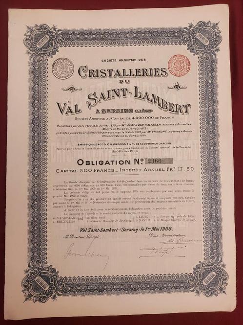 Antiquarisch aandeel Cristalleries Val Saint Lambert, 1906, Postzegels en Munten, Aandelen en Waardepapieren, Aandeel, Voor 1920